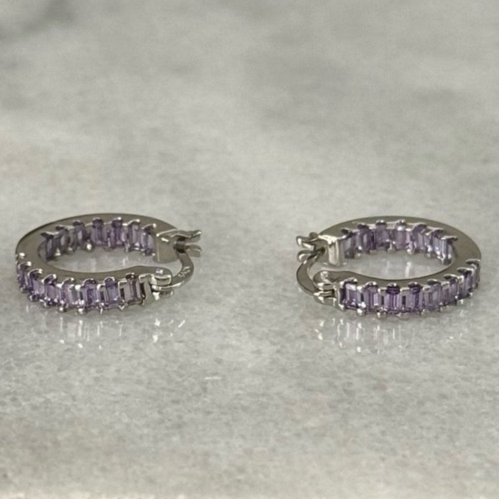 NEW STOCK Sterling Silver Purple Princess Thick Crystal Hoop Earrings - Picture 1 of 5